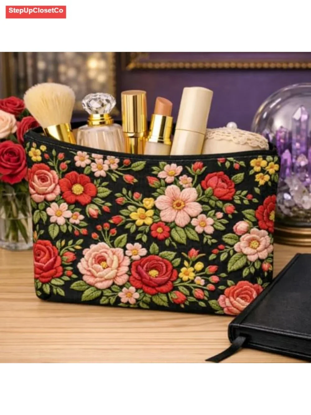 Embroidered Floral Makeup Bag, Double Sided Polyester Cosmetic Pouch, Large